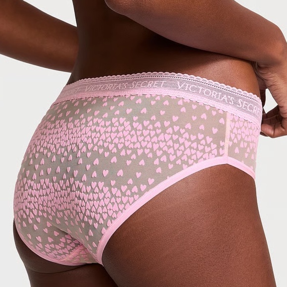 Victoria's Secret Logo Flocked Hearts Hiphugger Panty Pink Flocked Hearts S NEW - Picture 4 of 6